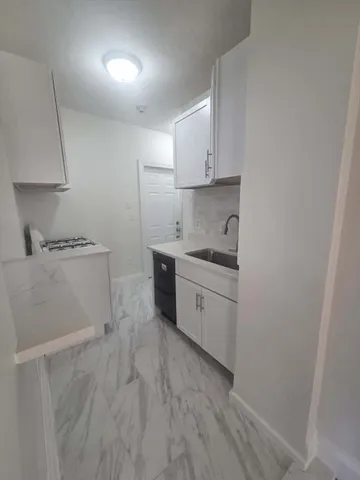 a kitchen with a sink a stove and cabinets