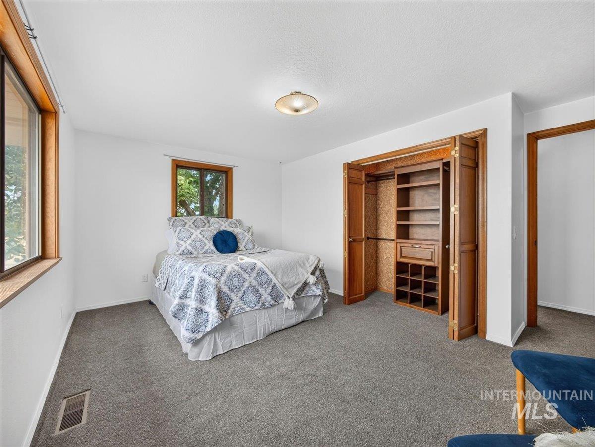 8989 Hillview Road Emmett, ID 83617 - Photo 24 of 50 Room featuring wood-trimmed windows, a built-in closet system with shelving and hanging rods, neutral wall tones, and gray carpet flooring