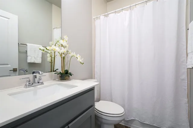 a bathroom with a sink a toilet and a mirror