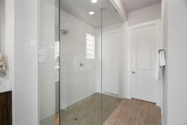 a view of a bathroom with a shower