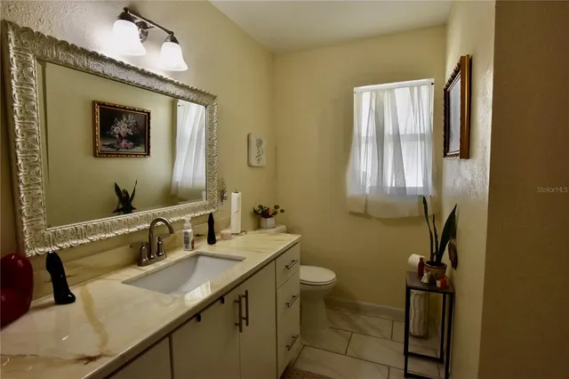 a bathroom with a sink a toilet and mirror