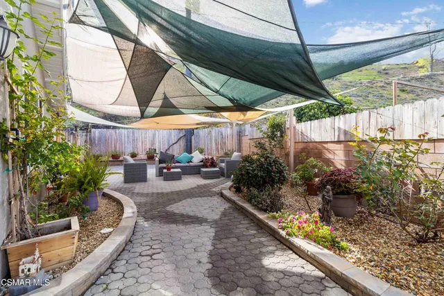 a view of a backyard with sitting area