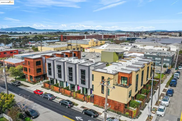 an aerial view of a building with outdoor space