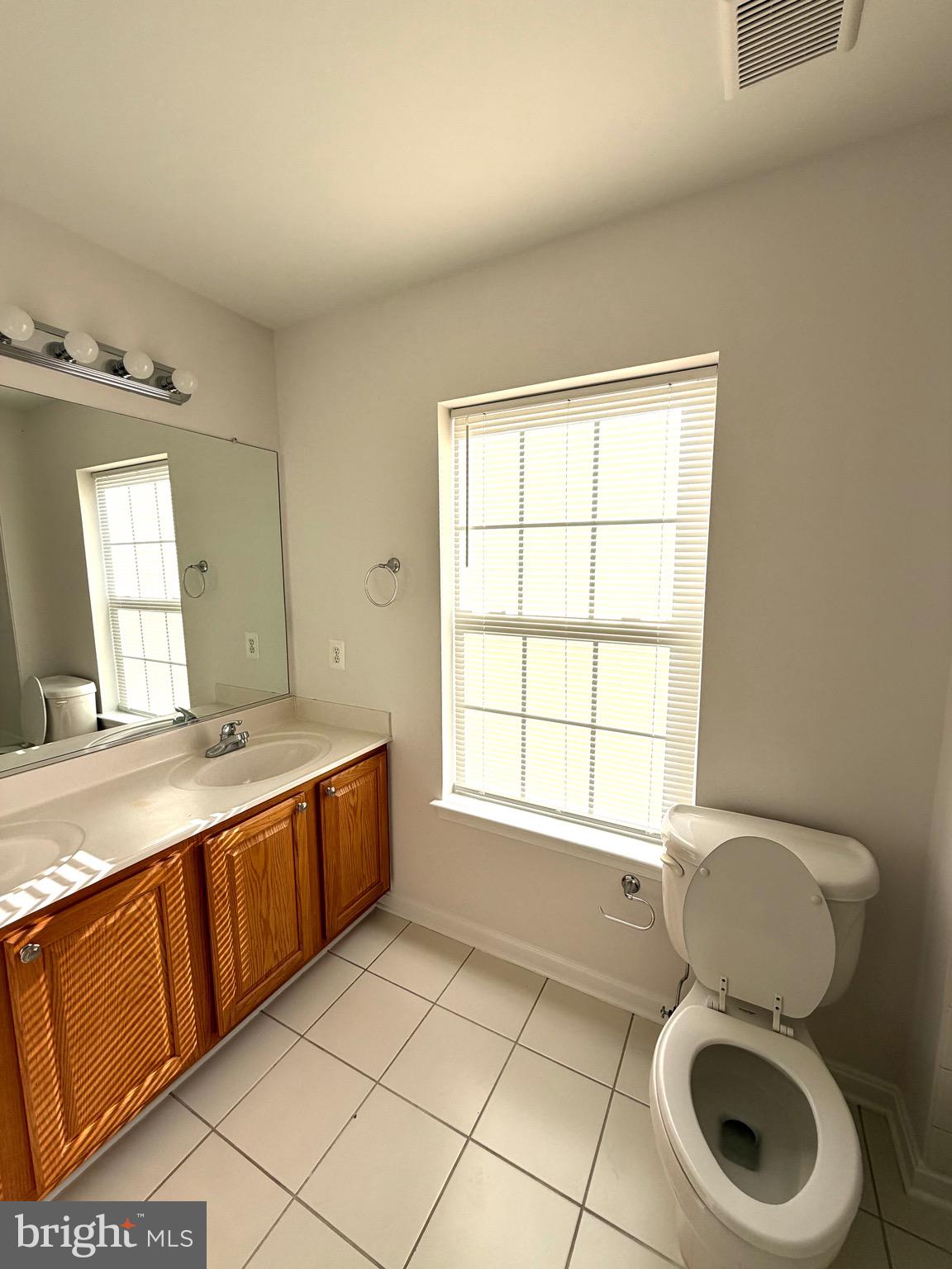 107 A Burck Street, Unit A Frederick, MD 21701 - Photo 21 of 22 a bathroom with a granite countertop toilet a sink a mirror and a window