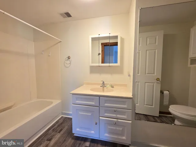 a bathroom with a tub toilet sink and mirror