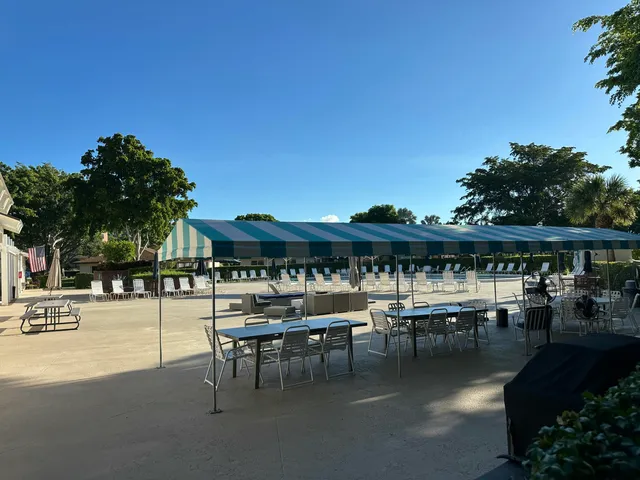 a view of a swimming pool with outdoor seating and plants