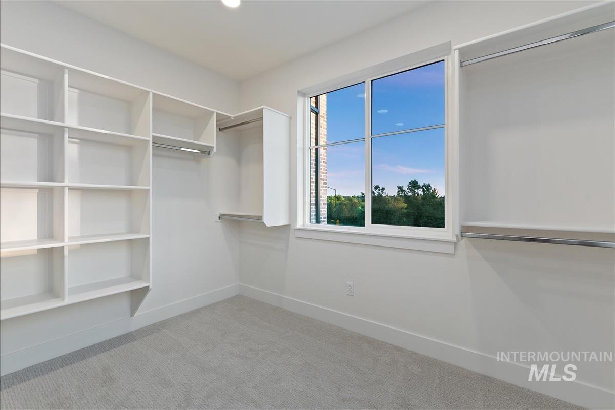 3213 West Moore Street Boise, ID 83702 - Photo 23 of 32 Built-in custom shelving and hanging rods with a window offering natural light, set against light-toned carpeting and white walls