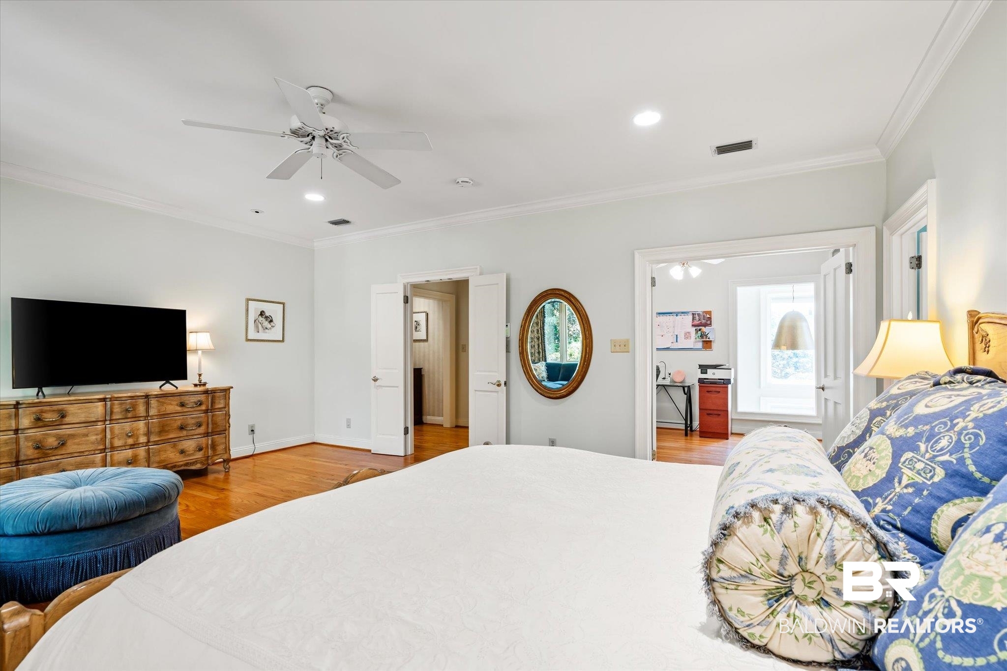 4 Kingsway Mobile, AL 36608 - Photo 19 of 44 Bedroom featuring recessed lighting, visible vents, ornamental molding, and wood finished floors