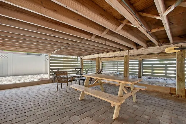 a patio with table and chairs