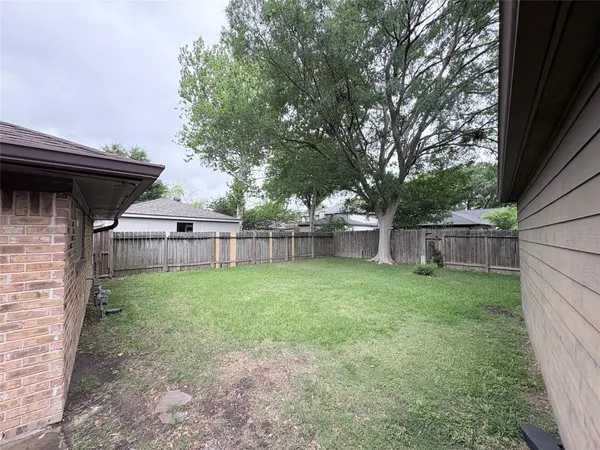 a view of a backyard with plants and a bench