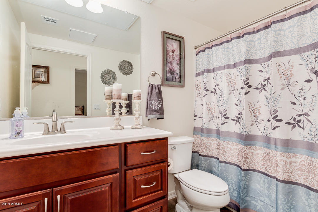 7726 East Baseline Road, Unit 143 Mesa, AZ 85209 - Photo 18 of 27 a bathroom with a sink a toilet and shower curtain