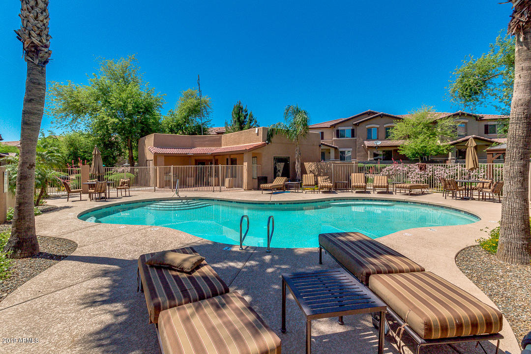 7726 East Baseline Road, Unit 143 Mesa, AZ 85209 - Photo 26 of 27 a view of pool with lawn chairs under an umbrella