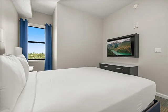 a bedroom with a bed and a flat screen tv