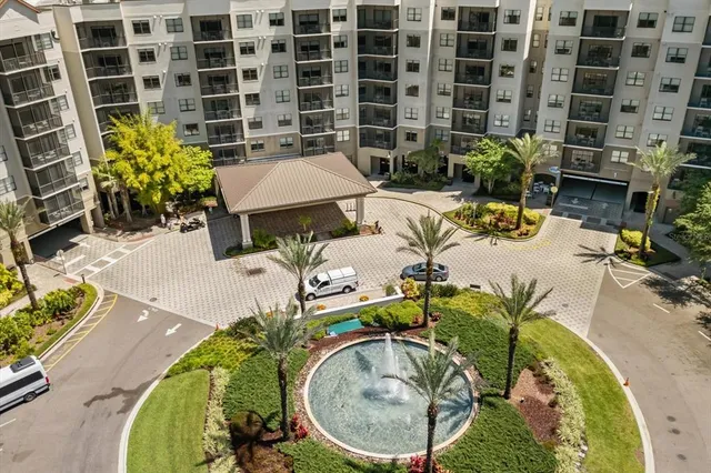 an aerial view of a swimming pool