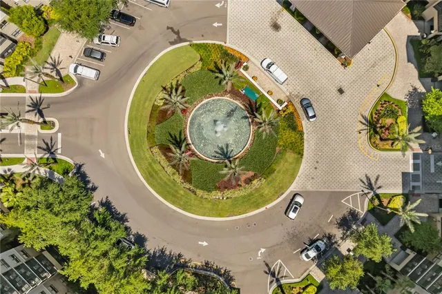 an aerial view of a swimming pool