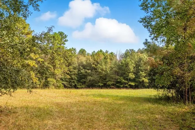 an aerial view of residential house with outdoor space and trees all around