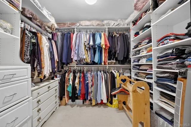 a view of walk in closet with clothes