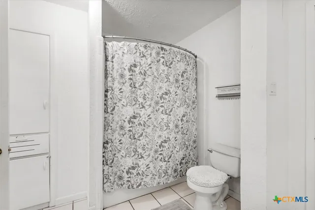 a bathroom with a toilet and a shower curtain