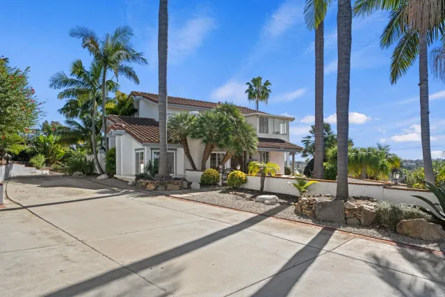 a row of palm trees and swimming pool in the backyard of a house