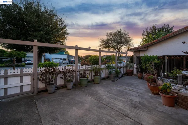 a front view of a house with a yard and potted plants