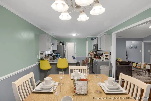 a view of a dining room with furniture