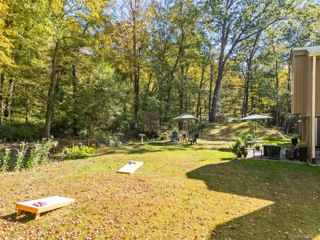 a view of swimming pool with lawn chairs and plants