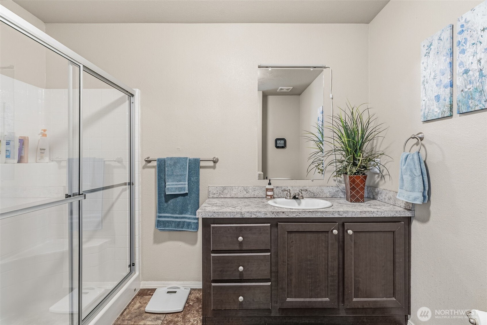 1047 Beaver Creek Road Cathlamet, WA 98612 - Photo 20 of 39 a bathroom with a granite countertop sink a mirror and shower
