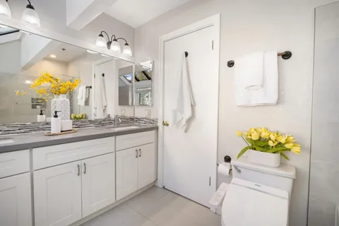 a bathroom with a sink a toilet and a mirror