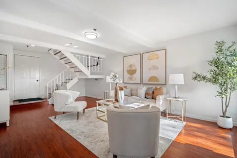 a living room with furniture and a potted plant
