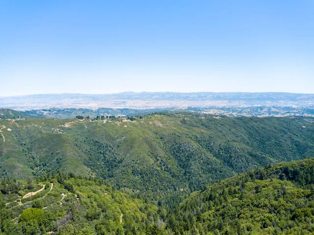 an aerial view of residential houses with outdoor space and trees