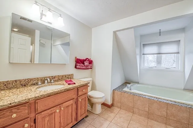a bathroom with a granite countertop sink a toilet and a bathtub