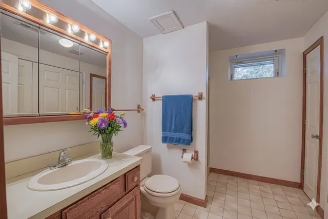 a bathroom with a sink vanity mirror and toilet