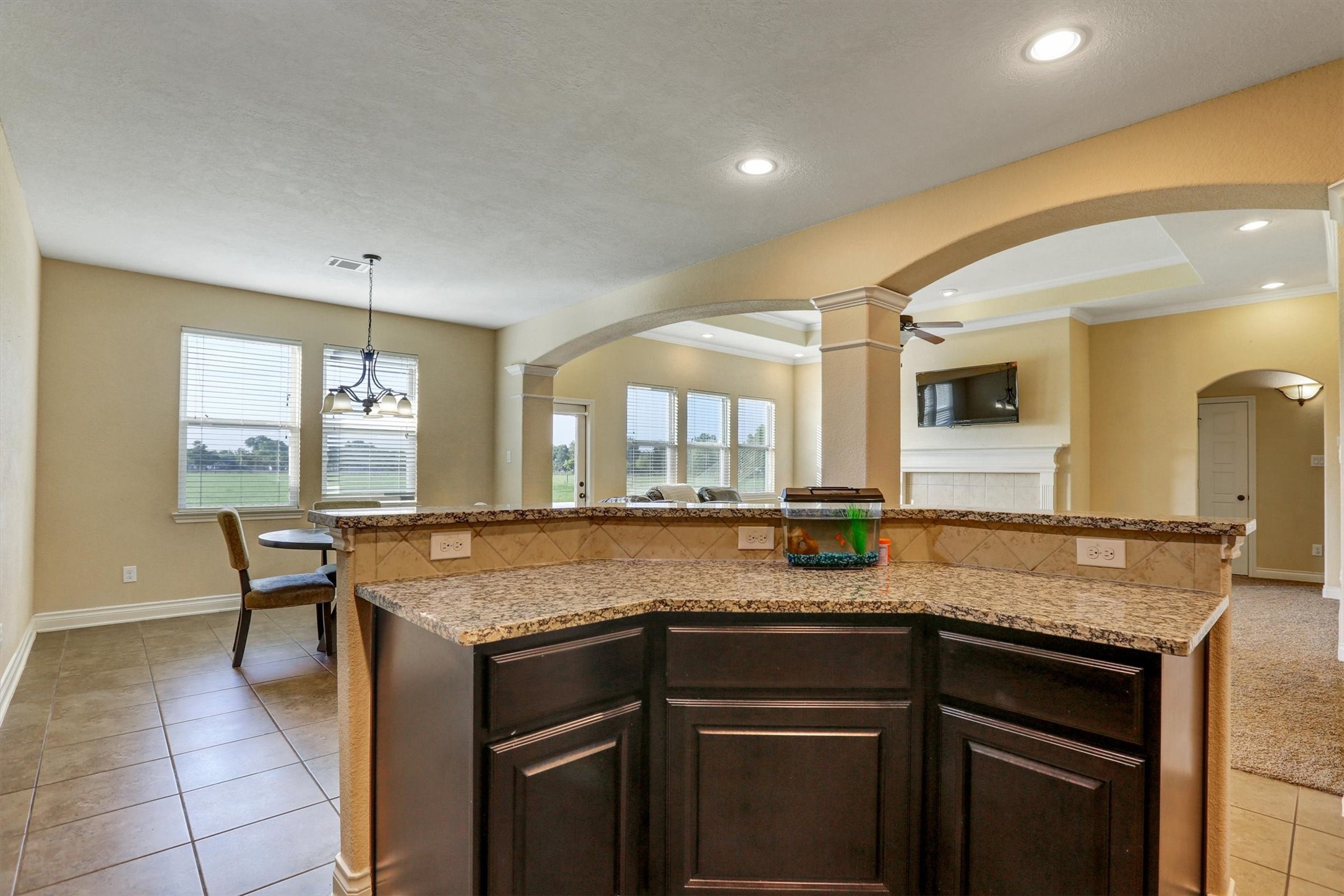 8131 Brinkmeyer Road Needville, TX 77461 - Photo 44 of 49 Spacious open-concept living area featuring a modern kitchen with granite countertops, a cozy living room with a fireplace, and a bright dining space with large windows.
