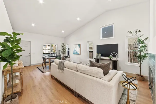 a living room with furniture a potted plant and a fireplace