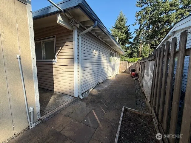 a view of a yard with plants and trees