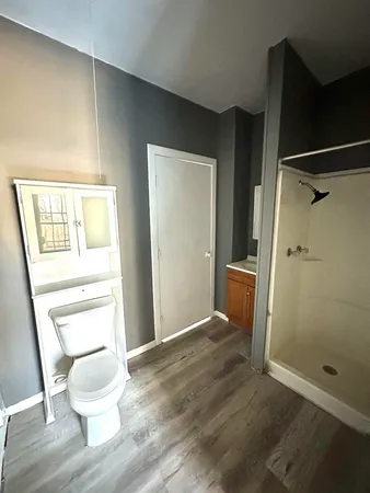 a bathroom with a toilet and a shower