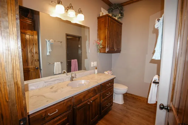 a bathroom with a sink a toilet a mirror and shower