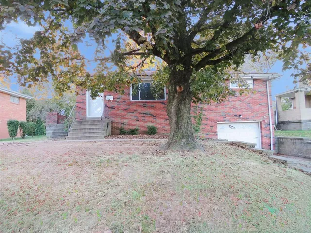 a backyard of a house with a tree