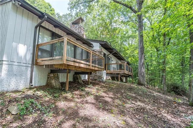 a view of a forest that has large trees