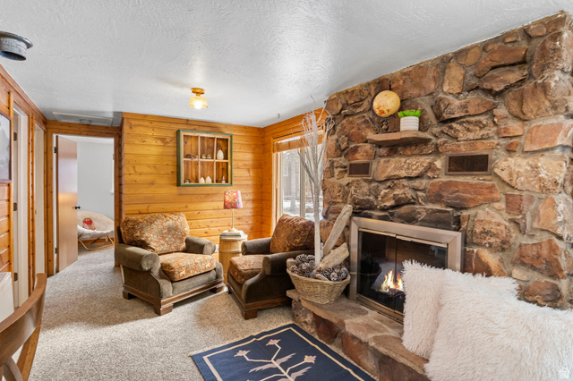 2189 Samak Park Loop, Unit 43 Kamas, UT 84036 - Photo 14 of 48 Carpeted living room featuring a textured ceiling, a stone fireplace, and wooden walls