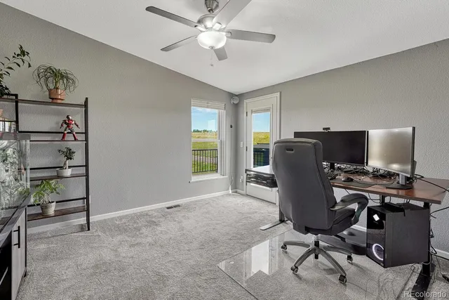a view of an empty room with windows & cabinet