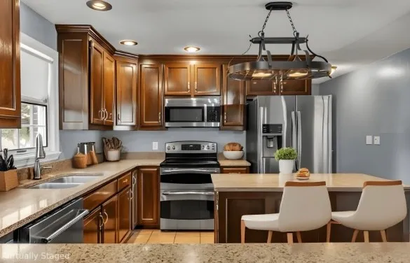 a kitchen with stainless steel appliances granite countertop a sink a stove a refrigerator cabinets and chairs