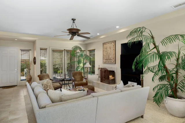 a living room with furniture a fireplace and a potted plant