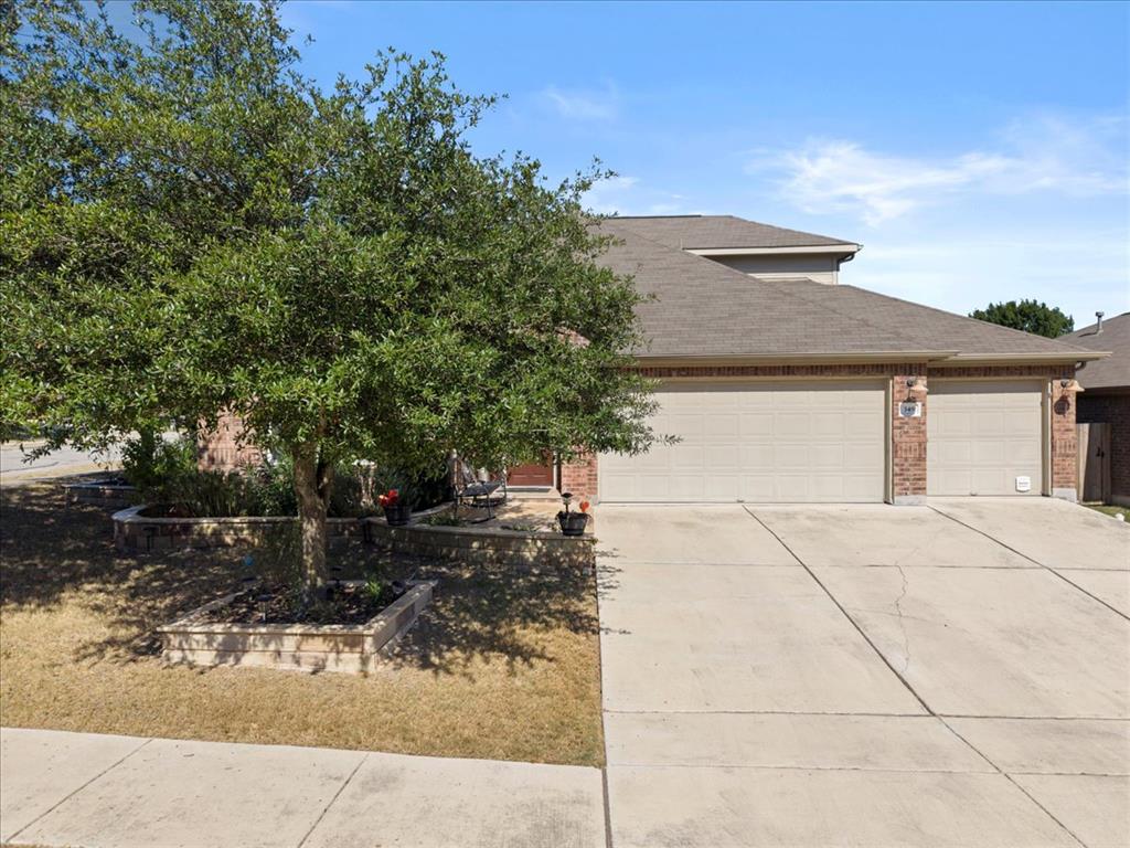 349 Razzmatazz Trail Buda, TX 78610 - Photo 5 of 27 Mature trees and brick accents enhance this welcoming property's inviting curb appeal.