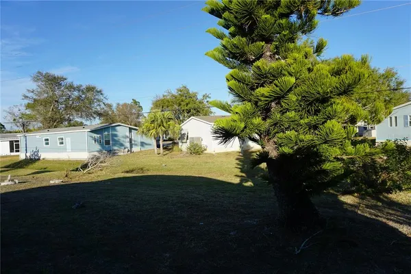 a view of a house with a backyard and a palm tree