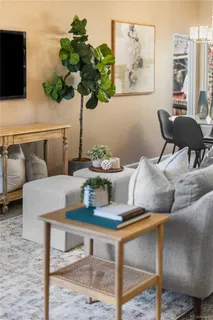 a dining room with furniture and a potted plant