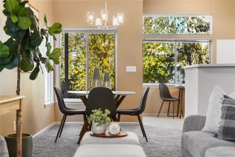 a view of a dining room with furniture window and outside view