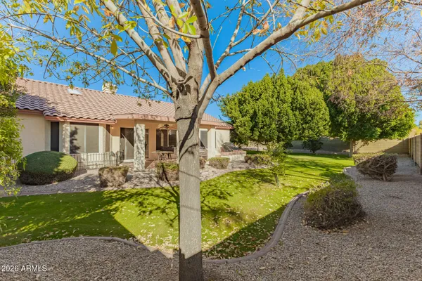 a view of a golf ground with large trees