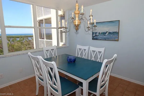 a view of a dining room with furniture window and outside view