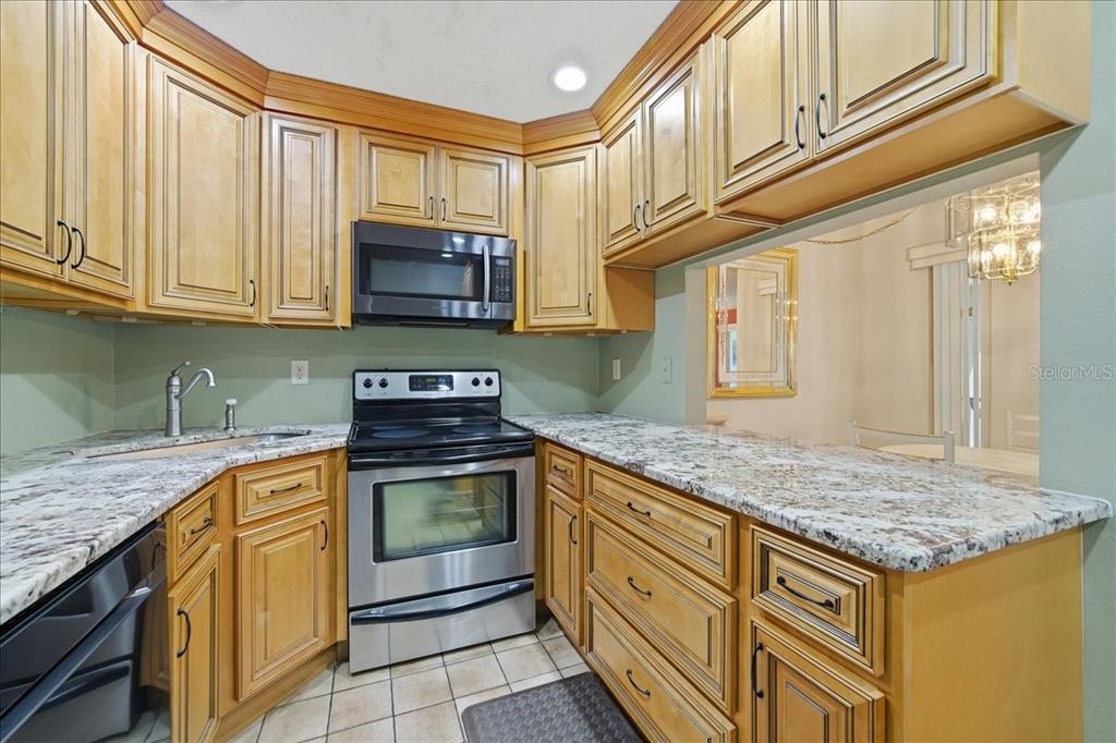 2666 Pine Ridge Way North, Unit C2 Palm Harbor, FL 34684 - Photo 20 of 74 a kitchen with granite countertop cabinets stainless steel appliances and a counter space